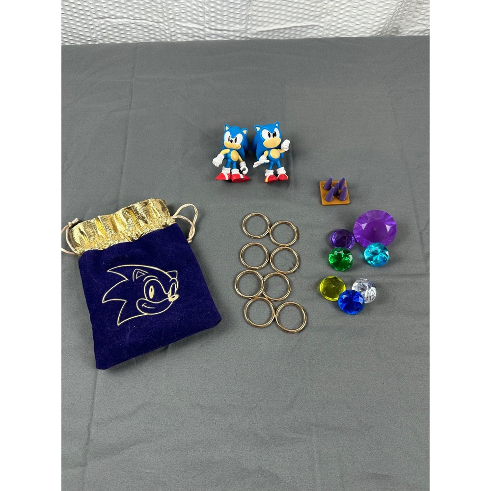Sonic the Hedgehog Figure Lot Rings Chaos Emeralds Gems Pouch Accessories